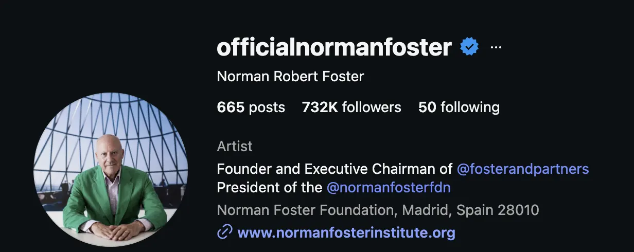 Perfil do Instagram de Norman Foster (@officialnormanfoster) com 732K seguidores